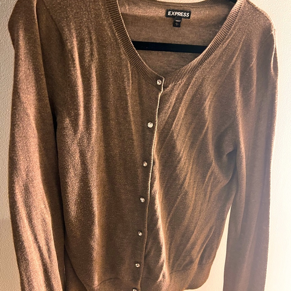 Used large express brown cardigan with crystal buttons.